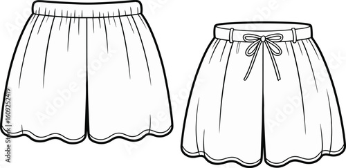 Flat vector CAD illustration of women's ruffle hem shorts with elastic waistband, bow belt detail, relaxed fit, and summer style