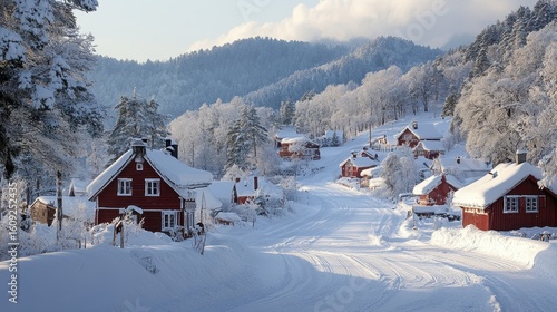 Fototapeta Naklejka Na Ścianę i Meble -  A small snowy village in a mountain valley featuring charming homes and soft snow-covered streets