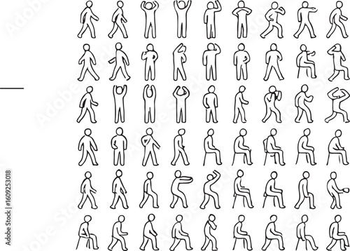 Figures in various poses people walking