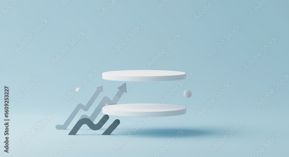 Fototapeta premium Minimalist abstract podium stage with upward arrows symbolizing business growth and financial progress concept.