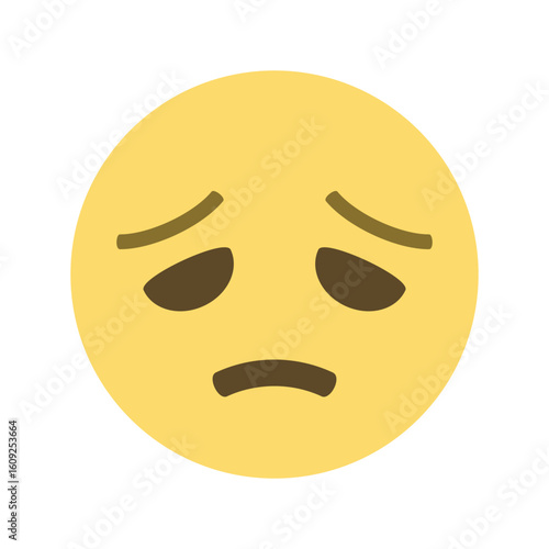 A single yellow emoji with downturned eyes and mouth depicting sadness on a white background view isolated