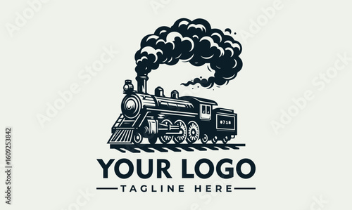 Vintage steam locomotive logo design with billowing smoke, a classic train graphic.