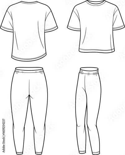 Flat vector fashion sketch of women’s crop top and jogger pants set, front and back technical drawing, casual outfit illustration