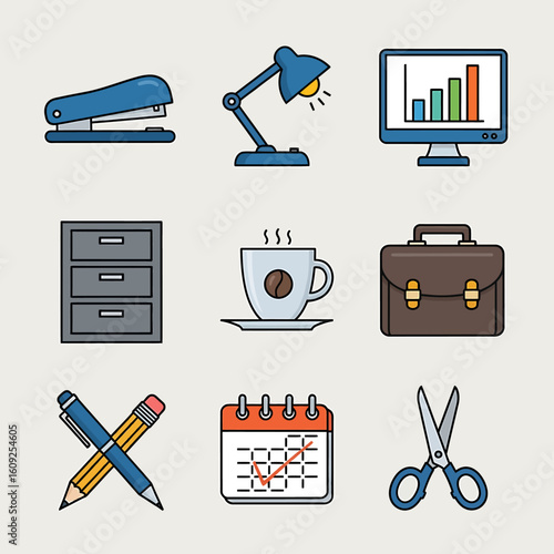 Office supplies and equipment vector icons stapler lamp computer file cabinet coffee cup briefcase pen pencil calendar and scissors