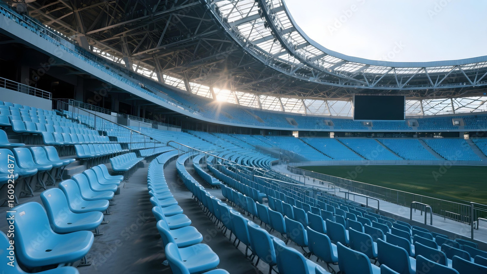 Fototapeta premium Wide-angle view of light blue stadium seats in tiered rows under a geometric steel roof, softly lit. 