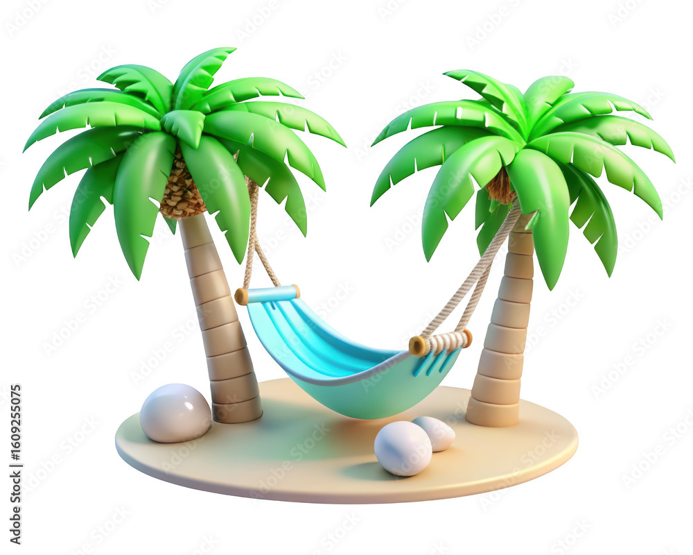 Fototapeta premium Tropical island paradise with palm trees and hammock cartoon render for relaxation and vacation vibes summer scene