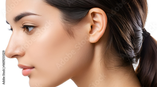 Side view of young woman with bumpy aquiline nose