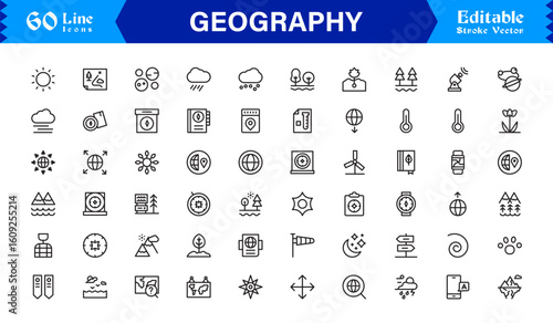 Geography Essentials — Professional Line Icon Set Featuring Minimal, Modern, Pixel-Perfect Editable Symbols for Educational and Cartography Themes