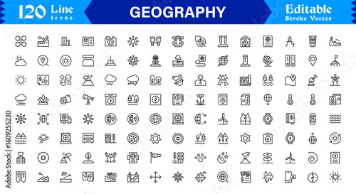 Geography Essentials — Professional Line Icon Set Featuring Minimal, Modern, Pixel-Perfect Editable Symbols for Educational and Cartography Themes