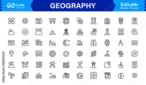 Geography Essentials — Professional Line Icon Set Featuring Minimal, Modern, Pixel-Perfect Editable Symbols for Educational and Cartography Themes