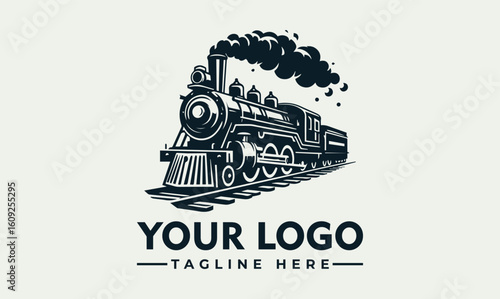Illustration of a vintage steam train locomotive emitting smoke, traveling on tracks.