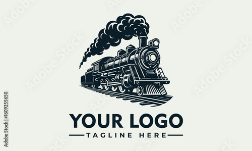 Vintage steam locomotive logo design, with a classic train on tracks, and a place for branding.