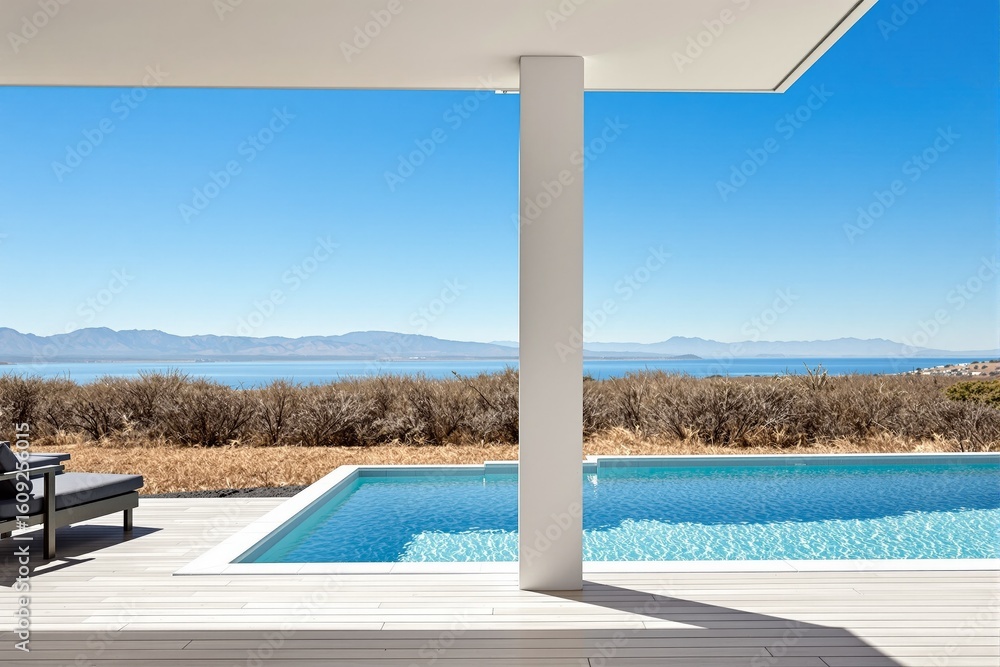 Fototapeta premium Coastal infinity pool overlooks serene ocean landscape.