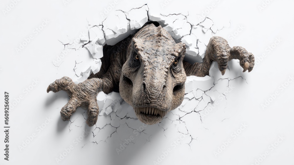 Obraz premium Tyrannosaurus rex dinosaur breaks through wall