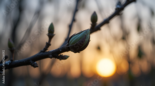 Bud on branch of the willow tree in winter on sunset with blurred background. Branches of a willow trees in budburst in season of the onset of spring and the end of winter. Bud on branch of willow.