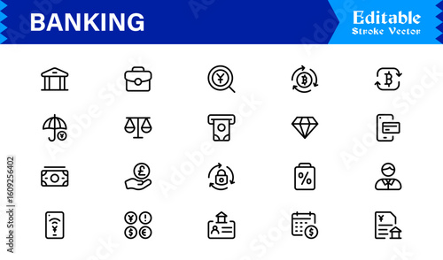 Banking Solutions Elevate Digital Brands — Professional Modern Minimal line icon set featuring credit cards, payments, currency, ATMs, investment, security