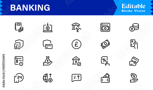Banking Solutions Elevate Digital Brands — Professional Modern Minimal line icon set featuring credit cards, payments, currency, ATMs, investment, security