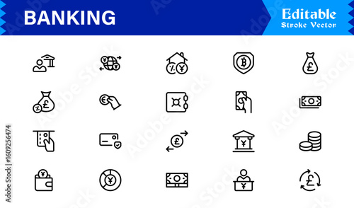 Banking Solutions Elevate Digital Brands — Professional Modern Minimal line icon set featuring credit cards, payments, currency, ATMs, investment, security