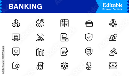 Banking Solutions Elevate Digital Brands — Professional Modern Minimal line icon set featuring credit cards, payments, currency, ATMs, investment, security