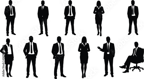 Silhouettes of professional business people, men and women in formal suits, corporate team members standing and sitting in office poses