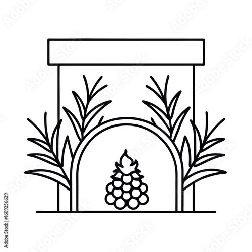 Fireplace mantel decorated with pine branches and holiday accents line art vector illustration