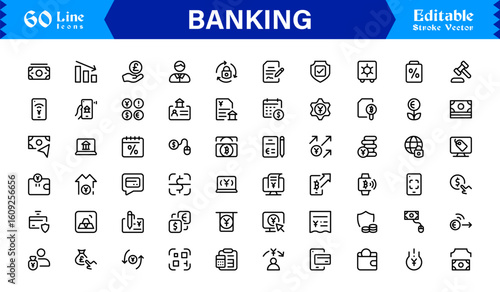 Banking Solutions Elevate Digital Brands — Professional Modern Minimal line icon set featuring credit cards, payments, currency, ATMs, investment, security