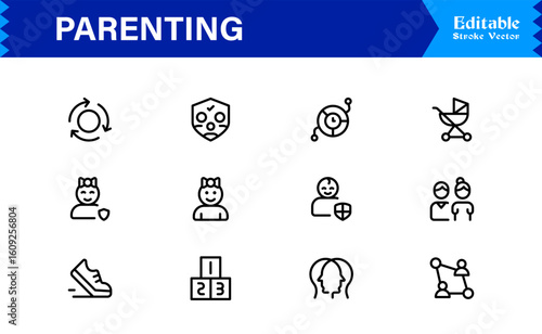 Parenting and Family Care Icons – Modern Line Icon Set Featuring Professional Minimal Illustrations for Childcare, Parenthood, and Family Lifestyle Themes