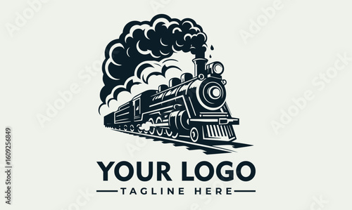 Vintage steam train illustration with billowing smoke, traveling on tracks, logo design.