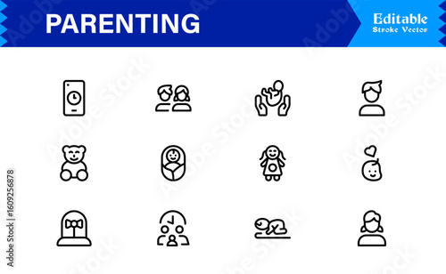 Parenting and Family Care Icons – Modern Line Icon Set Featuring Professional Minimal Illustrations for Childcare, Parenthood, and Family Lifestyle Themes