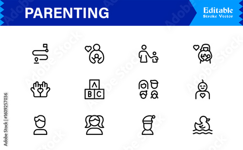 Parenting and Family Care Icons – Modern Line Icon Set Featuring Professional Minimal Illustrations for Childcare, Parenthood, and Family Lifestyle Themes