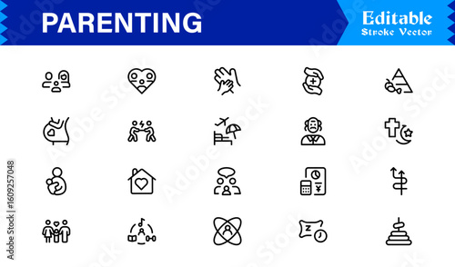 Parenting and Family Care Icons – Modern Line Icon Set Featuring Professional Minimal Illustrations for Childcare, Parenthood, and Family Lifestyle Themes