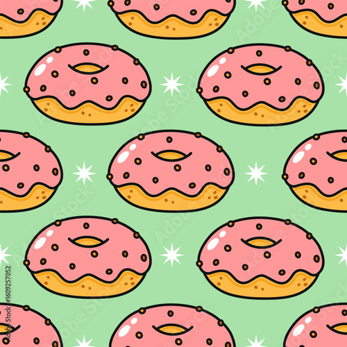 Repeating pattern of pink glazed donuts with sprinkles and star elements.