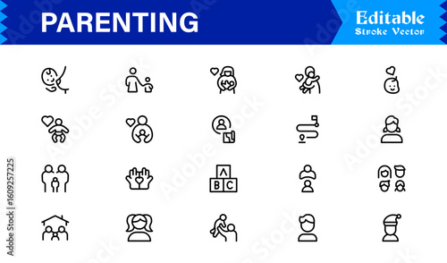 Parenting and Family Care Icons – Modern Line Icon Set Featuring Professional Minimal Illustrations for Childcare, Parenthood, and Family Lifestyle Themes