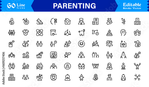 Parenting and Family Care Icons – Modern Line Icon Set Featuring Professional Minimal Illustrations for Childcare, Parenthood, and Family Lifestyle Themes