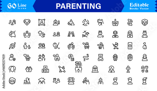 Parenting and Family Care Icons – Modern Line Icon Set Featuring Professional Minimal Illustrations for Childcare, Parenthood, and Family Lifestyle Themes
