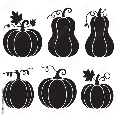 Six black silhouette pumpkins with vines and leaves on white background squash gourd

