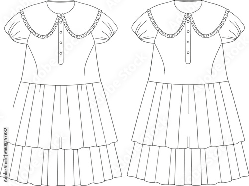 Girls' pleated dress CAD flat sketch with puff sleeves, button placket, and ruffle collar, front and back fashion illustration