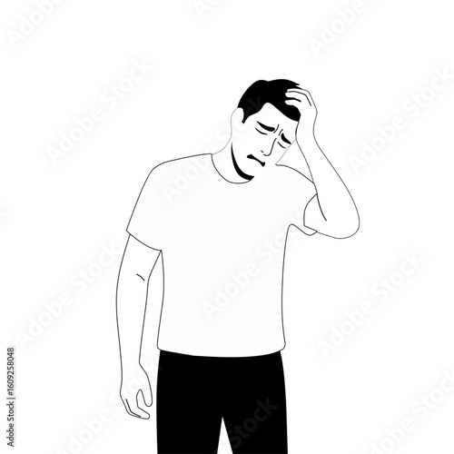 Black and white outline vector of a man showing signs of fatigue or stress by holding his head. Ideal for infographics, mental health campaigns, and medical articles