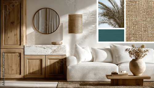 Interior design mood board: serene living room with neutral tones, wood, and organic details. Ideal for projects seeking minimalism and coziness.