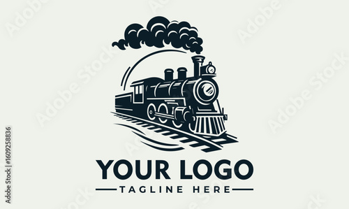 A vintage-style steam train logo with smoke billowing from its chimney, depicted in black and white on a light background.