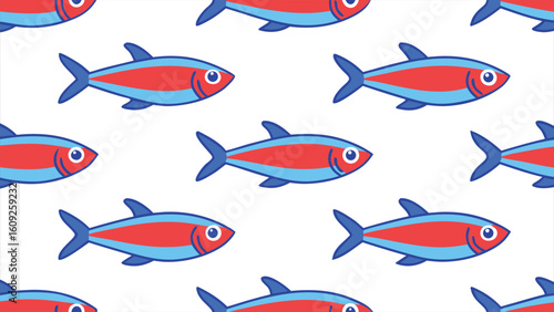 Cartoon flat school of neon tetras against white background, repeated pattern, commercial packaging.