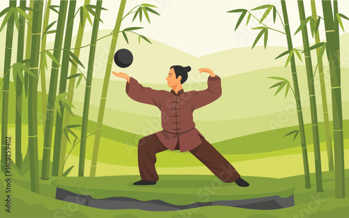 A man practicing Tai Chi with a ball in a serene green bamboo forest landscape.