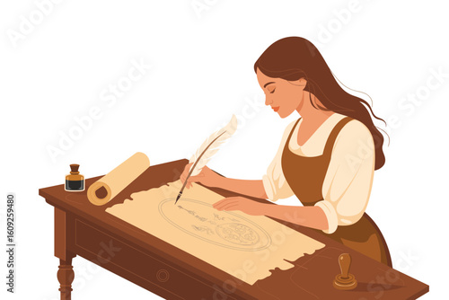 A young woman scribe in historical clothing writing a manuscript on parchment with a quill pen