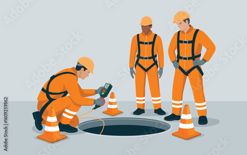 Team of workers in safety gear inspecting a confined space before entry. Vector illustration.