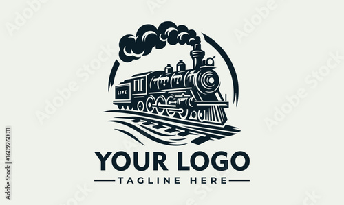 Vintage steam locomotive logo design, showcasing a classic train on a track, surrounded by a circular graphic element.