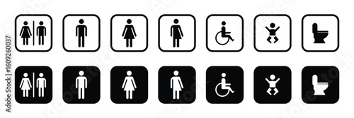 Toilet icons set. Men and women restroom icon sign right arrow. Disabled wheelchair icon. Male and female restroom. Vector Illustration.