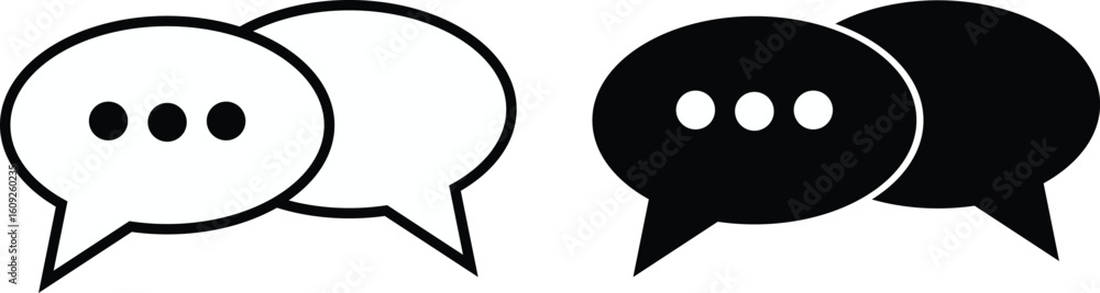 Fototapeta premium Two Overlapping Chat Bubbles with Ellipsis Vector Icon – Black and White Communication Symbol for Messaging and UI Design