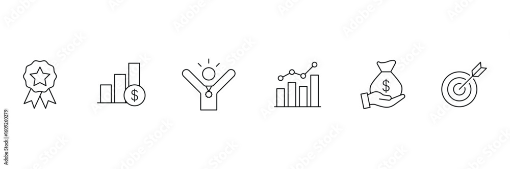Success and Growth Editable Icons set. Set of outline icons related to progress, career, growth, profit and others. Success outline icons collection. Vector illustration. Success and Growth Editable Icons set. Set of outline icons related to progress, career, growth, profit and others. Success outline icons collection. Vector illustration.