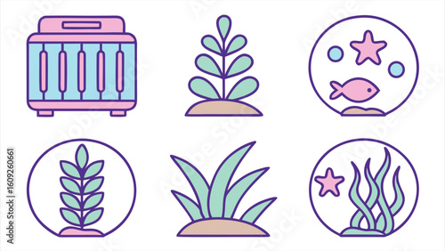  Flat icon set of 5 aquarium elements filter.