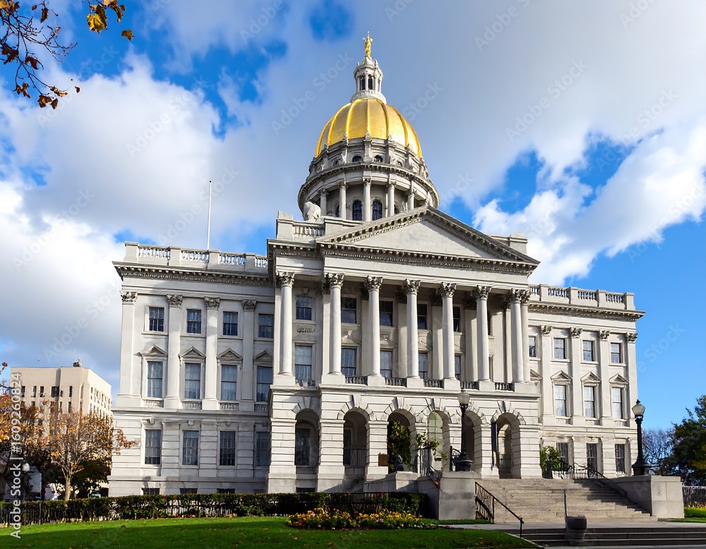 Obraz premium Majestic State Capitol Building with Golden Dome against a Partly Cloudy Sky